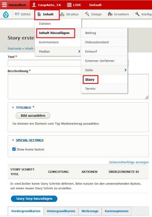 Screenshot vom DIPAS Backend: story erstellen