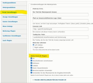 Aktive Kontroll-Plugins in den Portal-Einstellungen der Masterportal Instanzkonfiguration