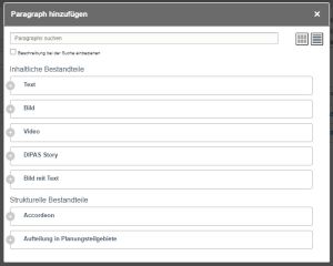 Die Inhaltstypen zur Befüllung der Seiten: Text, Bild, Video, Story, Akkordeon sowie Aufteilung in Planungsteilgebiete